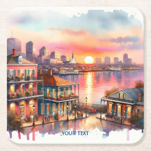 Fantasy Cute Sunset New Orleans View Square Paper Coaster