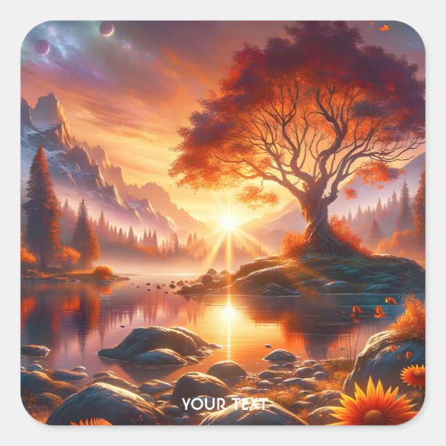 Fantasy Cute Sunset Orange Tree Square Sticker (Front)