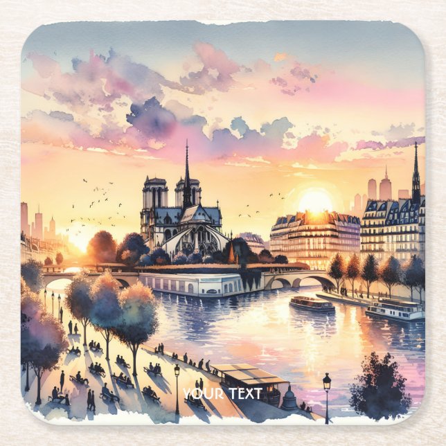 Fantasy Cute Sunset Paris Watercolor Square Paper Coaster (Front)