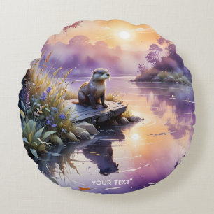 Fantasy Cute Sunset Purple Lake Round Cushion