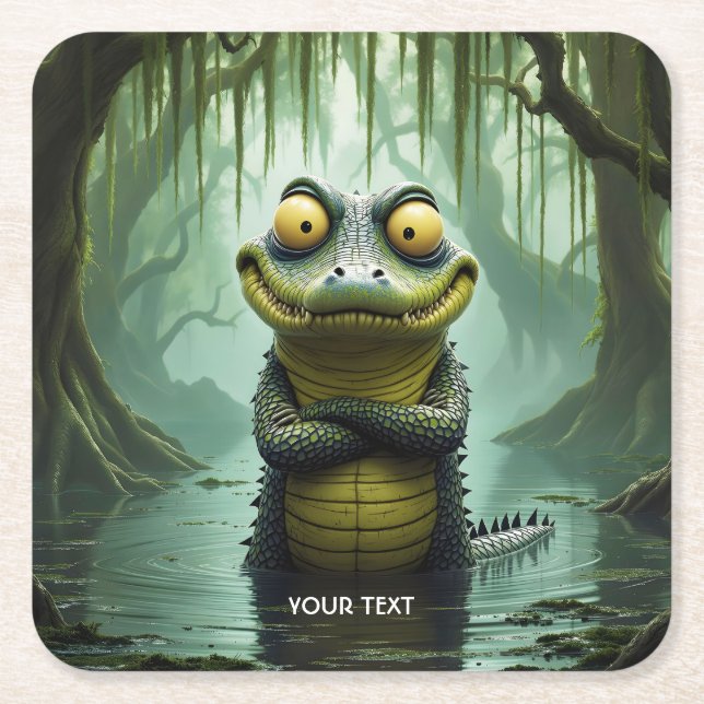 Fantasy Cute Swamp Forest Crocodile Square Paper Coaster (Front)