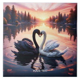 Fantasy Cute Swan Lake Sunset Ceramic Tile