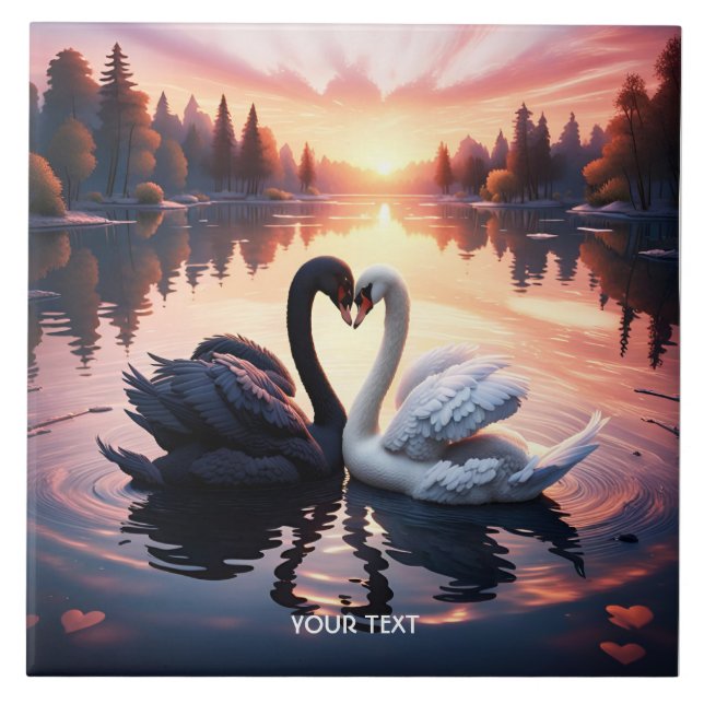 Fantasy Cute Swan Lake Sunset Ceramic Tile (Front)