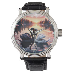 Fantasy Cute Swan Lake Sunset Watch