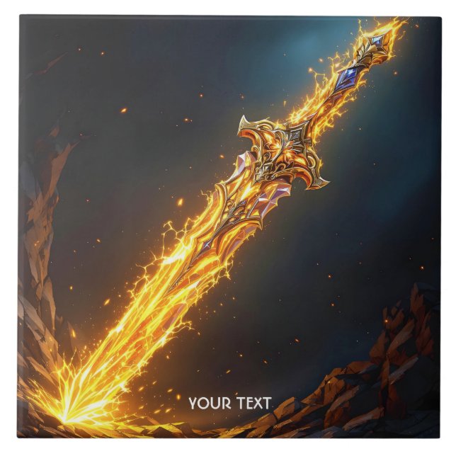 Fantasy Cute Sword Flames Cave Ceramic Tile (Front)