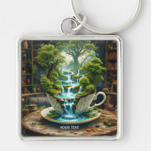 Fantasy Cute Teacup Flowing Landscape Key Ring