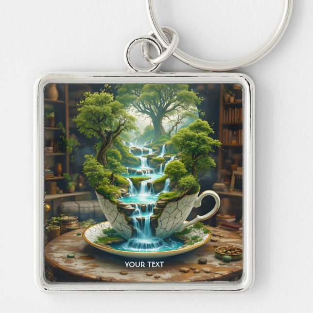 Fantasy Cute Teacup Flowing Landscape Key Ring (Front)