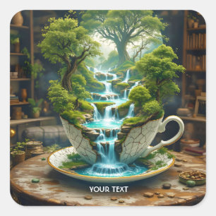 Fantasy Cute Teacup Flowing Landscape Square Sticker