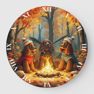Fantasy Cute Three Autumn Dogs Large Clock