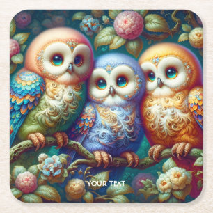 Fantasy Cute Three Baby Owls Square Paper Coaster