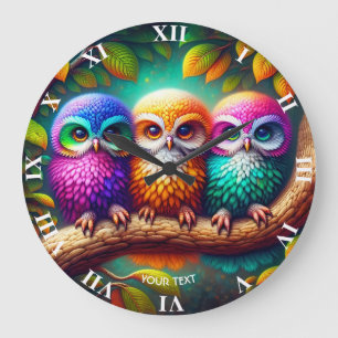Fantasy Cute Three Vibrant Owls Large Clock