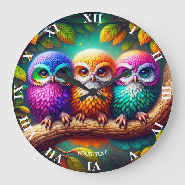 Fantasy Cute Three Vibrant Owls Large Clock (Front)