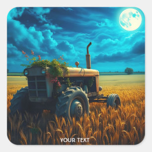 Fantasy Cute Tractor Moon Field Square Sticker