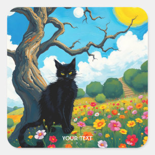 Fantasy Cute Tree Cat Flowers Square Sticker