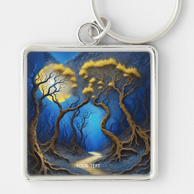Fantasy Cute Trees Night Moon Key Ring (Front)