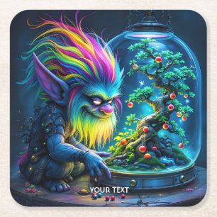 Fantasy Cute Troll Bonsai Tree Square Paper Coaster
