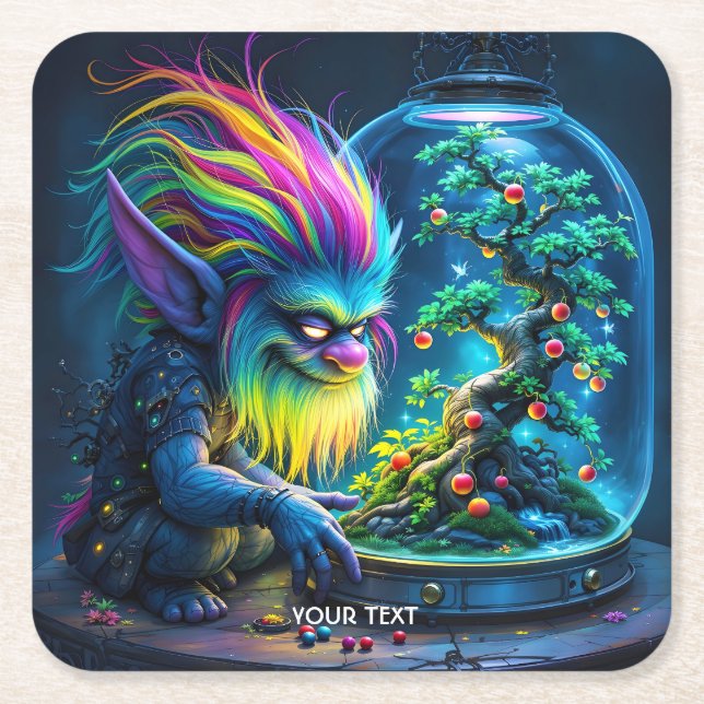 Fantasy Cute Troll Bonsai Tree Square Paper Coaster (Front)