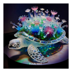Fantasy Cute Turtle Glass Flowers Poster