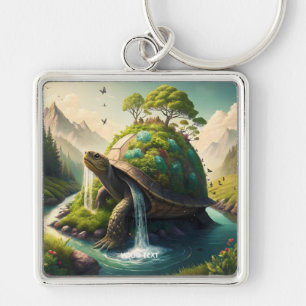 Fantasy Cute Turtle Waterfall Forest Key Ring