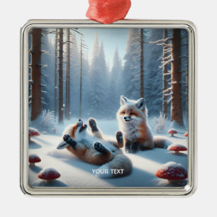 Fantasy Cute Two Baby Foxes Metal Ornament