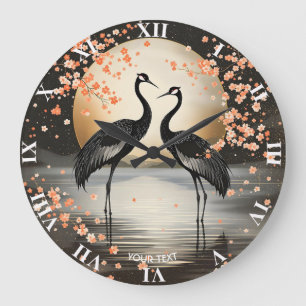 Fantasy Cute Two Black Cranes Large Clock