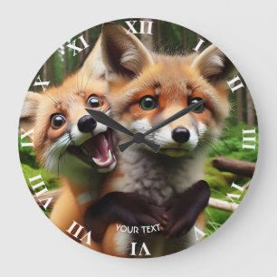 Fantasy Cute Two Foxes Forest Large Clock