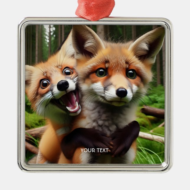 Fantasy Cute Two Foxes Forest  Metal Ornament (Front)