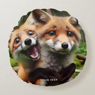 Fantasy Cute Two Foxes Forest  Round Cushion