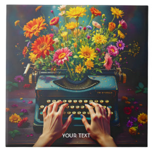 Fantasy Cute Typewriter Flowers Hands Ceramic Tile