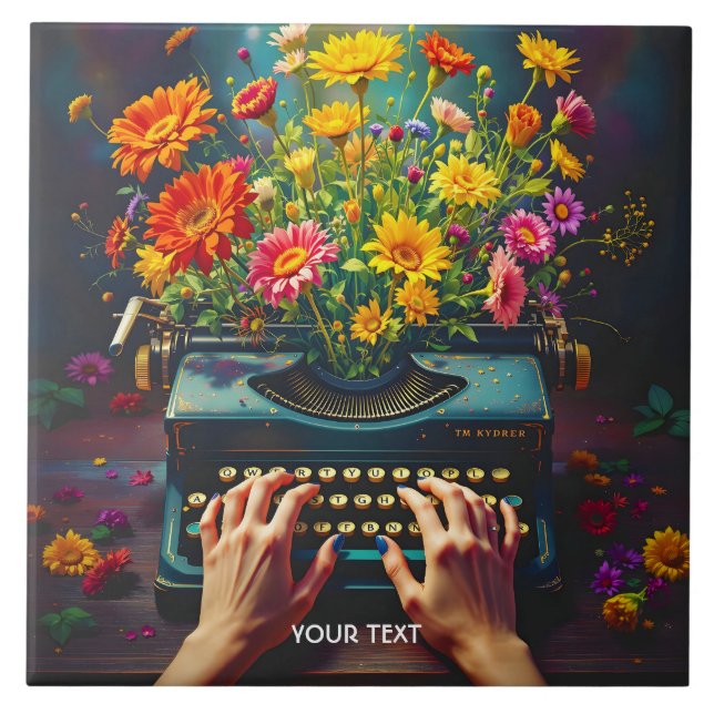Fantasy Cute  Typewriter Flowers Hands Ceramic Tile (Front)