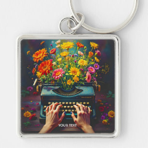 Fantasy Cute Typewriter Flowers Hands Key Ring