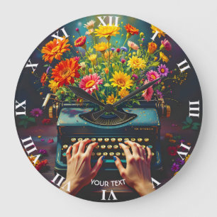 Fantasy Cute  Typewriter Flowers Hands Large Clock