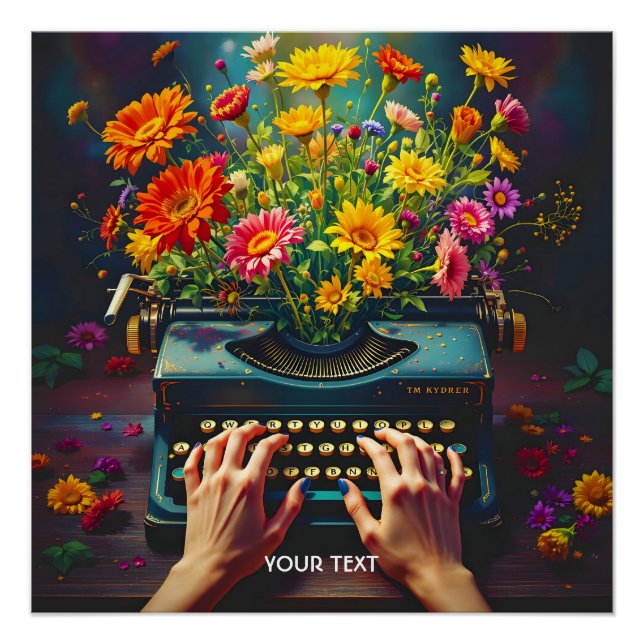 Fantasy Cute  Typewriter Flowers Hands Poster (Front)
