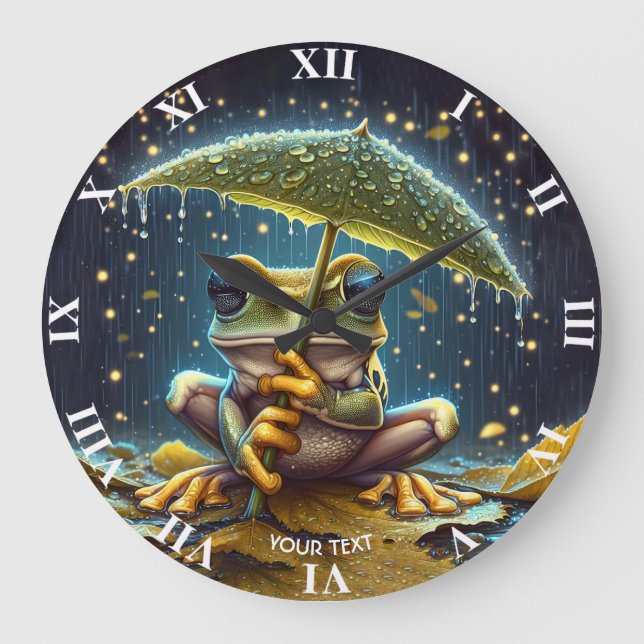Fantasy Cute Umbrella Frog Rain Large Clock (Front)
