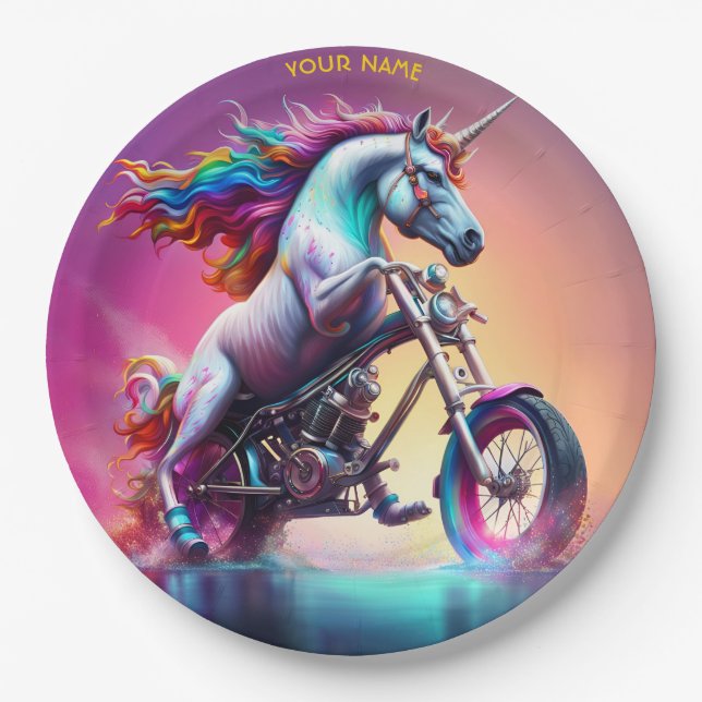 Fantasy Cute Unicorn Riding Bike Paper Plate (Front)