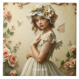 Fantasy Cute Victorian Girl Flowers Ceramic Tile
