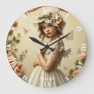 Fantasy Cute Victorian Girl Flowers Large Clock