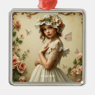 Fantasy Cute Victorian Girl Flowers Metal Ornament