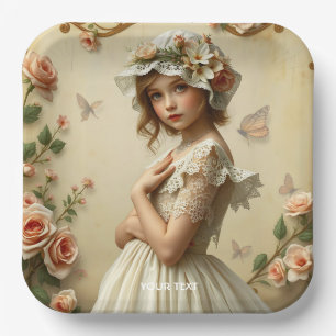 Fantasy Cute Victorian Girl Flowers Paper Plate