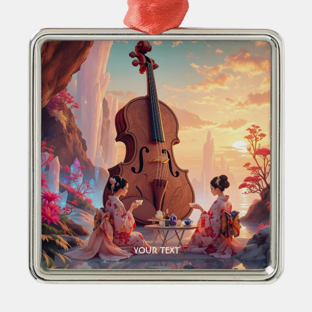 Fantasy Cute Violin Girls Tea Metal Ornament (Front)