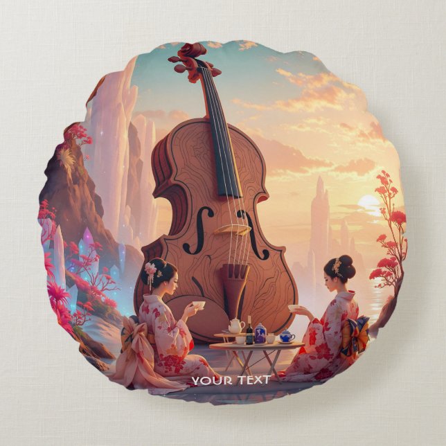 Fantasy Cute Violin Girls Tea Round Cushion (Front)