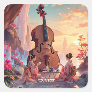 Fantasy Cute Violin Girls Tea Square Sticker