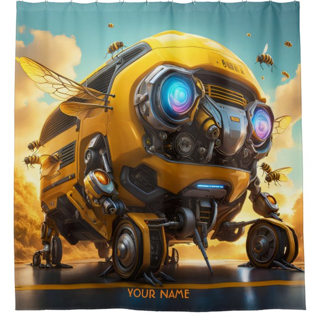 Fantasy Cute Vivid Bee School Bus Shower Curtain (Front)