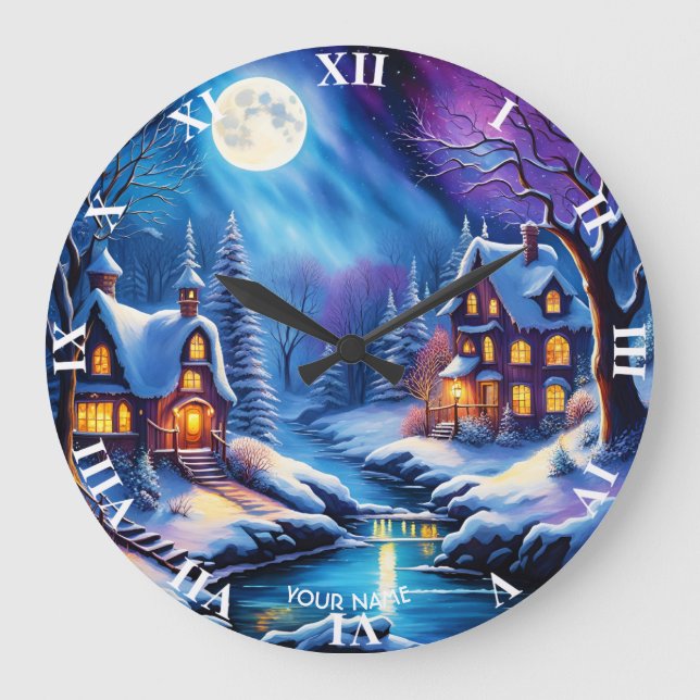 Fantasy Cute Vivid Christmas Winter Night Large Clock (Front)