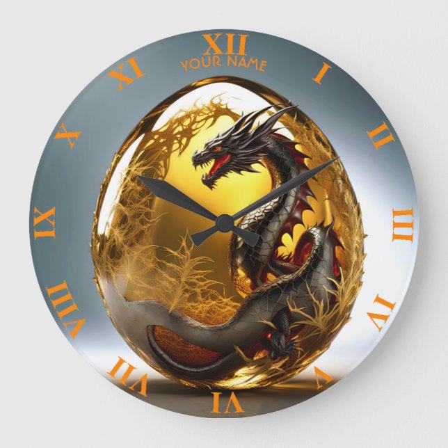 Fantasy Cute Vivid Dragon Glass Egg Large Clock (Front)