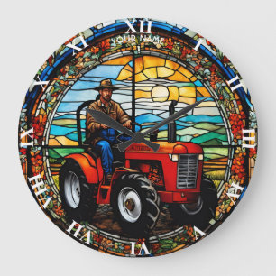 Fantasy Cute Vivid Farmer In Tractor Large Clock