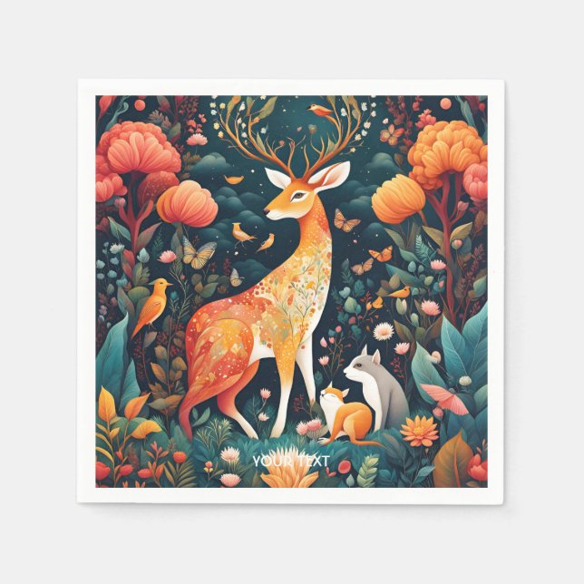Fantasy Cute Vivid Flowers Forest Deer Napkin (Front)