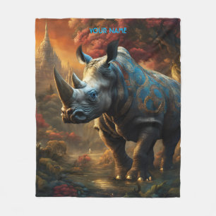 Fantasy Cute Vivid Flowers Majestic Rhino Fleece Blanket