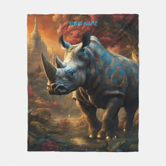 Fantasy Cute Vivid Flowers Majestic Rhino Fleece Blanket (Front)