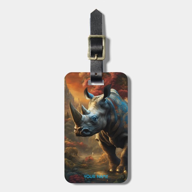 Fantasy Cute Vivid Flowers Majestic Rhino Luggage Tag (Front Vertical)